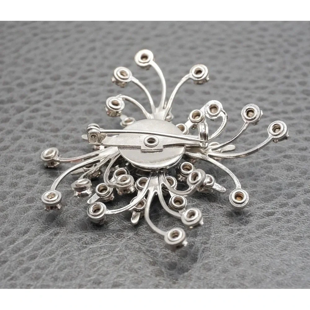 Vintage Rhinestone Abstract Starburst Brooch Pin Silver Tone